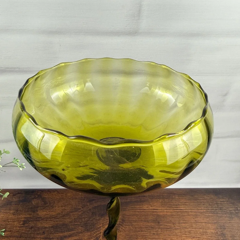 Empoli Italy Olive Green Glass Tall Compote Twisted Stem Pedestal Bowl
